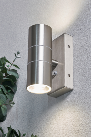 Leto Outdoor Up and Down Wall Light with Photocell, Stainless Steel